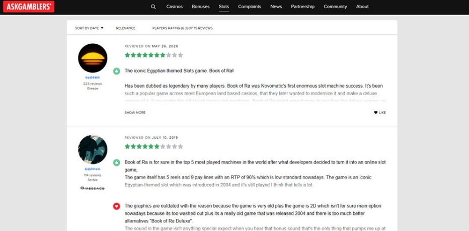 Отзывы реальных игроков о автомате Book of Ra от Novomatic на сайте Аскгемблерс.